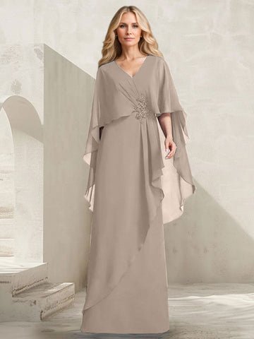 A-line V-Neck Floor-Length Chiffon Mother of the Bride Dress With Cascading Ruffles Beading