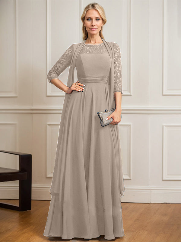 Vestido de novia de corte A, escote redondo ilusión, largo hasta el suelo, de gasa de encaje con pliegues. 