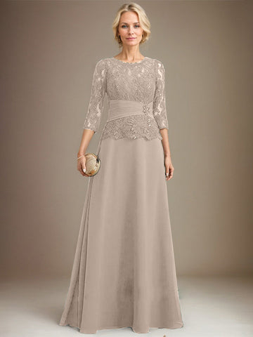 A-line Scoop Illusion Floor-Length Chiffon Lace Mother of the Bride Dress With Pleated Sequins Beading