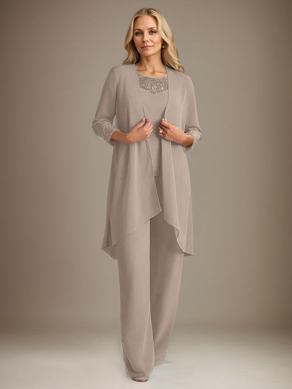 Tailleur-pantalon en mousseline à manches longues et col rond pour la mère de la mariée, avec veste 