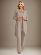 Tailleur-pantalon en mousseline à manches longues et col rond pour la mère de la mariée, avec veste 