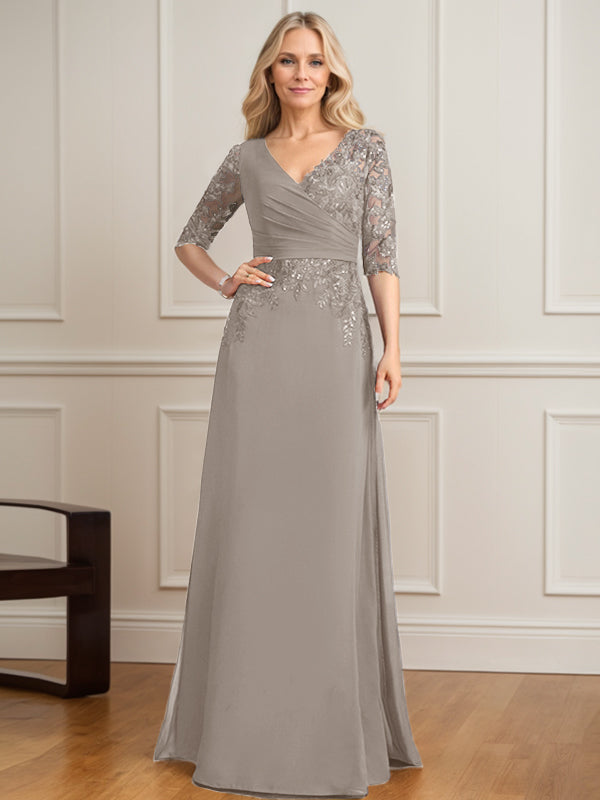 Robe de mère de la mariée en mousseline de dentelle, coupe trapèze, col en V, longueur au sol, ornée de sequins plissés 