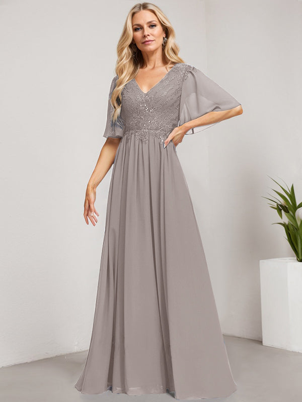 Vestido de novia de corte A, escote en V, largo hasta el suelo, de gasa de encaje con lentejuelas para la madre de la novia 