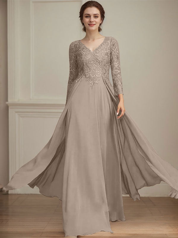 Robe de mère de la mariée en mousseline de dentelle, coupe trapèze, col en V, longueur au sol, ornée de sequins 