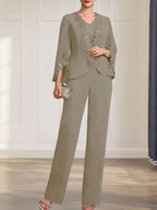 Combinaison/Tailleur-pantalon deux pièces, robe longue en mousseline à col V pour la mère de la mariée