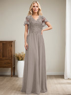 Vestido de novia de corte A, escote en V, largo hasta el suelo, de gasa de encaje con lentejuelas para la madre de la novia 