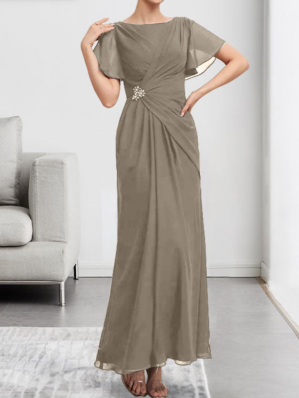 Vestido de gasa de corte A, escote redondo, largo hasta el tobillo, para la madre de la novia, con plisados ​​y cuentas.