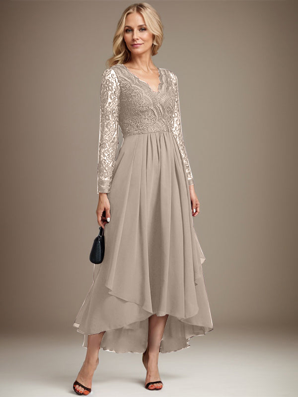 Vestido de novia de gasa con encaje asimétrico, escote en V y corte en A para la madre de la novia 