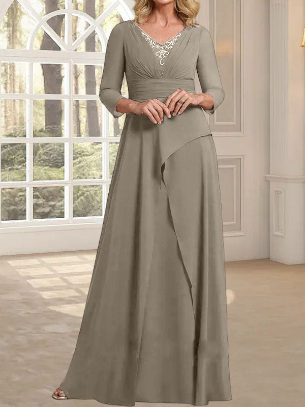 Vestido de gasa de corte A, escote en V, largo hasta el suelo, para la madre de la novia, con plisados ​​y cuentas.