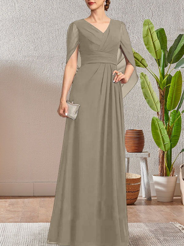 Vestido largo azul marino oscuro de corte A con escote en V para la madre de la novia
