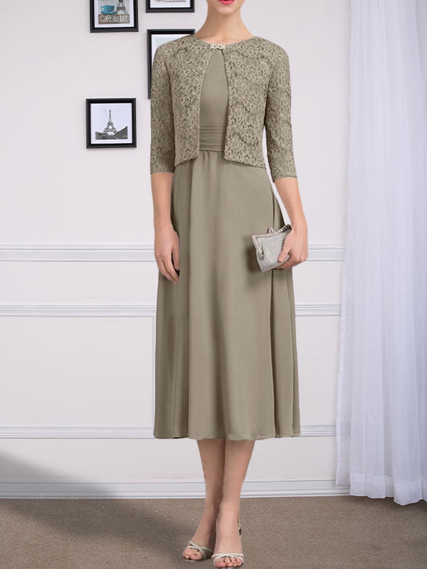 Vestido de chifón de corte línea A, largo té, para la madre de la novia, con escote redondo y pliegues.