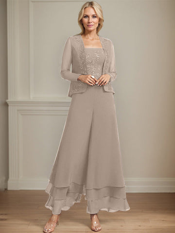 Separates Jumpsuit/Pantsuit Square Ankle-Length Lace Chiffon Mother of the Bride Dress With Sequins