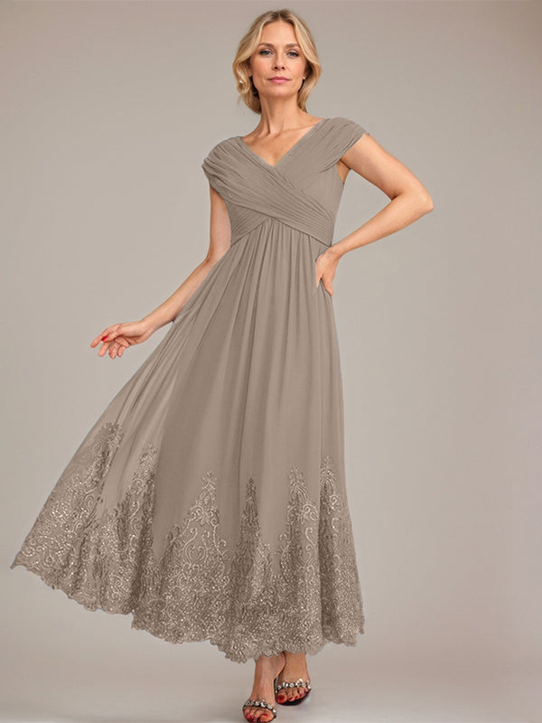 Vestido de gasa de corte evasé, escote en V, largo hasta el tobillo, para la madre de la novia, con apliques de lentejuelas. 