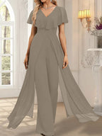 Combinaison-pantalon robe de soirée longue en mousseline à col en V