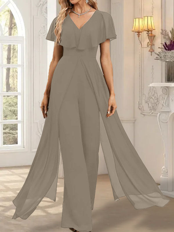 Combinaison-pantalon robe de soirée longue en mousseline à col en V