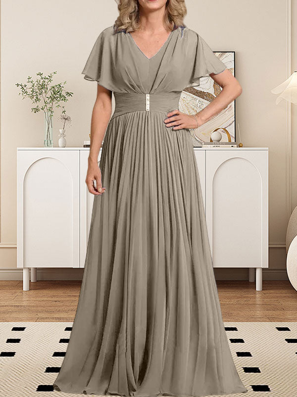Vestido de gasa de corte A, escote en V, largo hasta el suelo, para la madre de la novia, con broche de cristal y pliegues. 