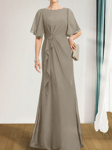 A-line Scoop Floor-Length Chiffon Mother of the Bride Dress With Cascading Ruffles Beading Sequins