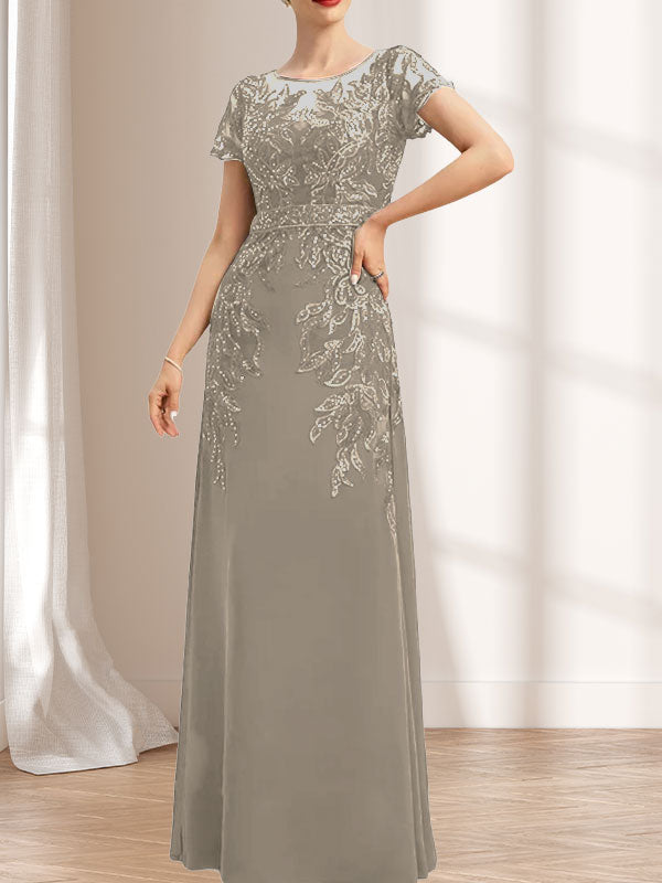 Vestido de novia de corte recto/columna, escote redondo, ilusión, largo hasta el suelo, de encaje y gasa con lentejuelas.