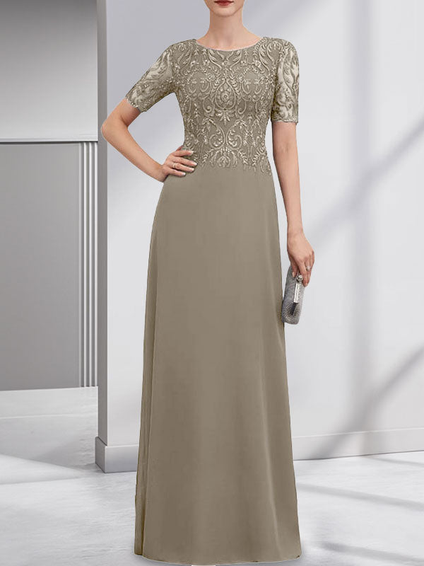 Vestido de novia de corte línea A, escote redondo, largo hasta el suelo, de encaje y gasa con lentejuelas.