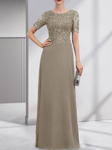 A-line Scoop Floor-Length Lace Chiffon Mother of the Bride Dress With Sequins