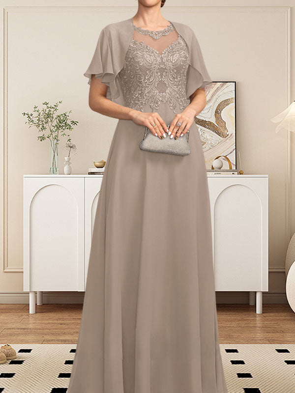 Robe de mère de la mariée en mousseline de dentelle, coupe trapèze, décolleté illusion, longueur au sol, ornée de sequins