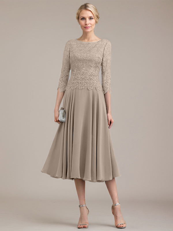Vestido de corte A con escote redondo y largo hasta la rodilla en gasa de encaje para la madre de la novia 