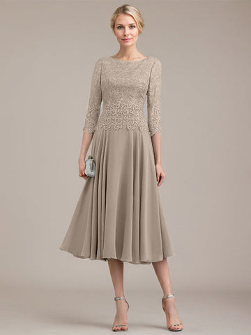 A-line Scoop Tea-Length Lace Chiffon Mother of the Bride Dress