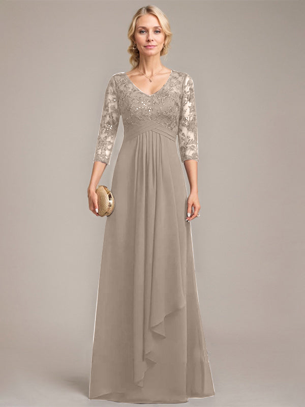 Vestido de novia de corte línea A, escote en V, largo hasta el suelo, de gasa de encaje con volantes en cascada y lentejuelas. 