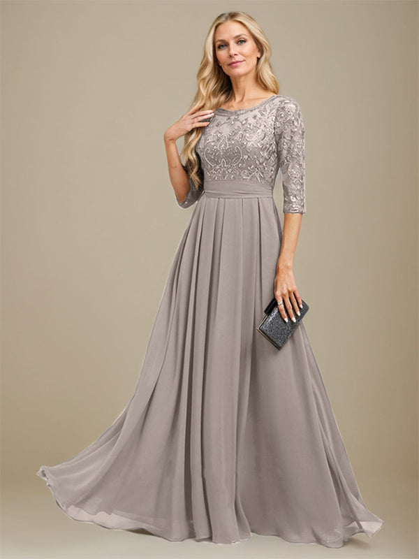 Vestido de corte A, escote redondo, largo hasta el suelo, de gasa de encaje con apliques de lentejuelas para la madre de la novia. 