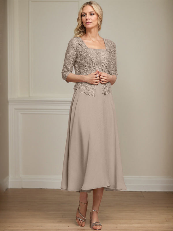 Vestido de corte A, largo midi, de gasa, encaje y lentejuelas para la madre de la novia. 