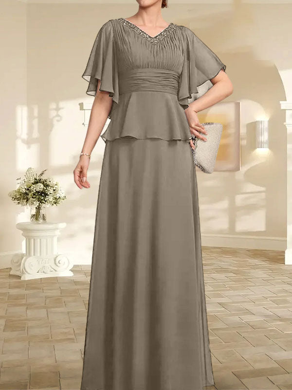 Vestido de gasa de corte A, escote en V, largo hasta el suelo, para la madre de la novia, con plisados ​​y cuentas.