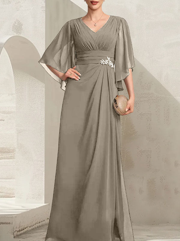 Vestido de corte recto/columna, escote en V, largo hasta el suelo, de gasa, para la madre de la novia, con lentejuelas plisadas y pedrería.