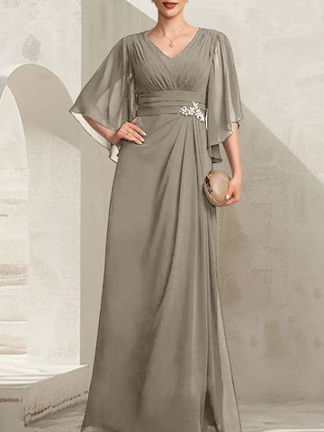 Sheath/Column V-Neck Floor-Length Chiffon Mother of the Bride Dress With Pleated Sequins Beading