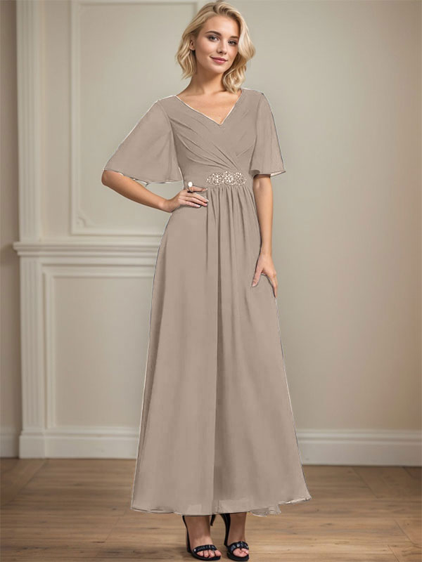 Vestido de gasa de corte A, escote en V, largo hasta el tobillo, para la madre de la novia, con lentejuelas y cuentas plisadas.