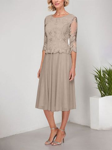 A-line Scoop Tea-Length Lace Chiffon Mother of the Bride Dress With Embroidery