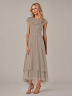 A-line Boat Neck Illusion Asymmetrical Chiffon Lace Mother of the Bride Dress With Applique Pleats