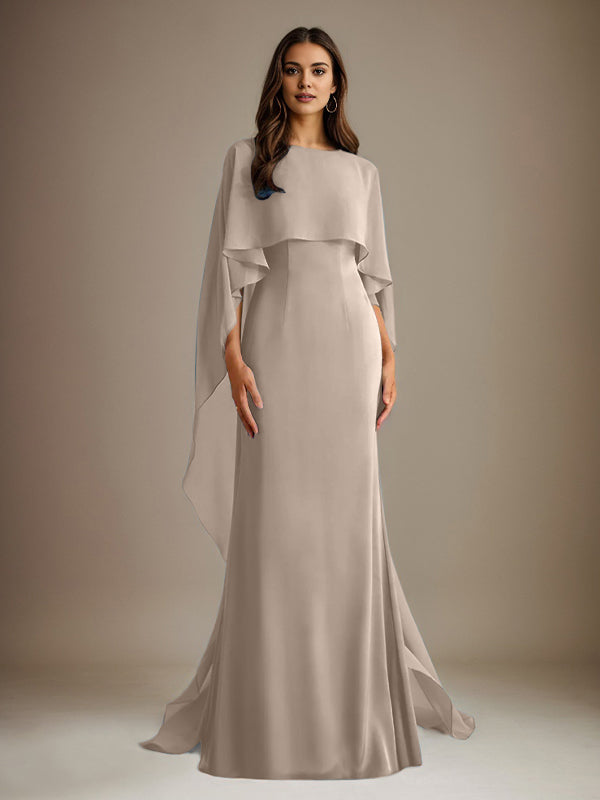 Vestido de gasa de corte recto/columna, escote barco y largo hasta el suelo, para la madre de la novia, con volantes en cascada. 