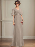 Vestido de corte A, escote en V, largo hasta el suelo, de gasa, para la madre de la novia, con apliques de lentejuelas plisadas y encaje.