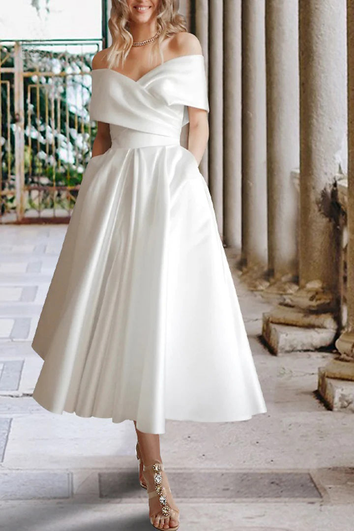 Robe de mariée de plage en satin, longueur thé, épaules dénudées, avec poches WD680