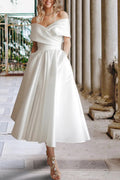 Robe de mariée de plage en satin, longueur thé, épaules dénudées, avec poches WD680