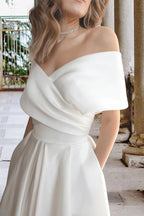 Robe de mariée de plage en satin, longueur thé, épaules dénudées, avec poches WD680
