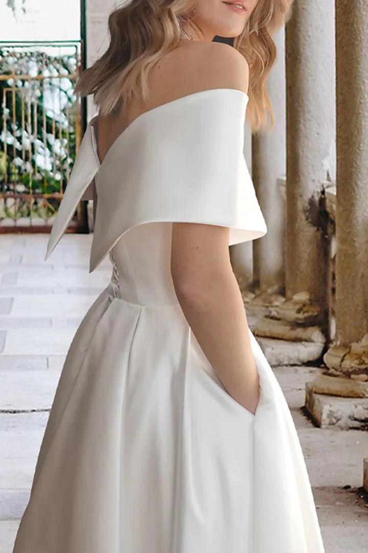 Robe de mariée de plage en satin, longueur thé, épaules dénudées, avec poches WD680