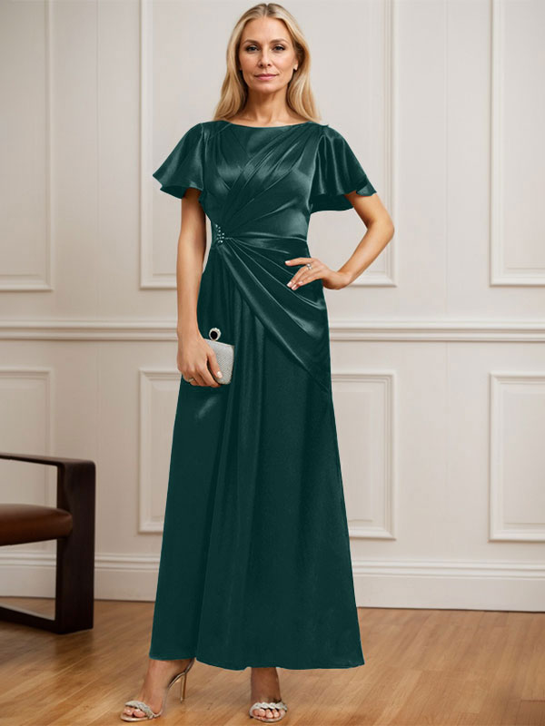 Vestido de novia corte A, escote redondo, largo hasta el tobillo, de satén elástico con plisados ​​y cuentas. 