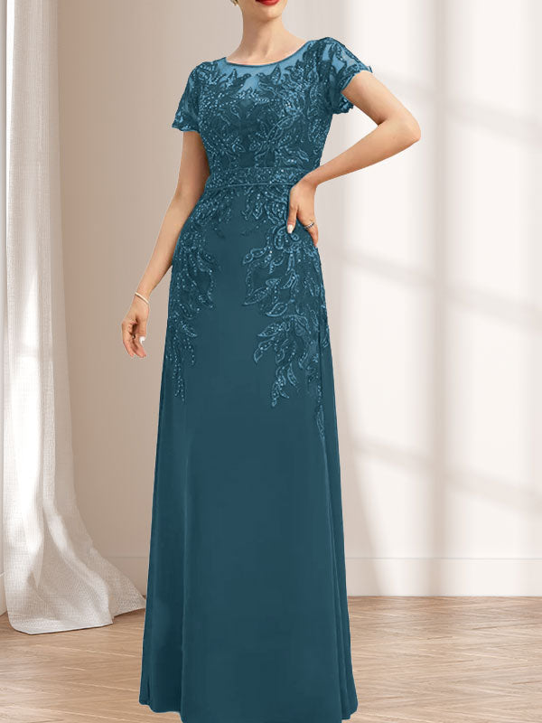Vestido de novia de corte recto/columna, escote redondo, ilusión, largo hasta el suelo, de encaje y gasa con lentejuelas.