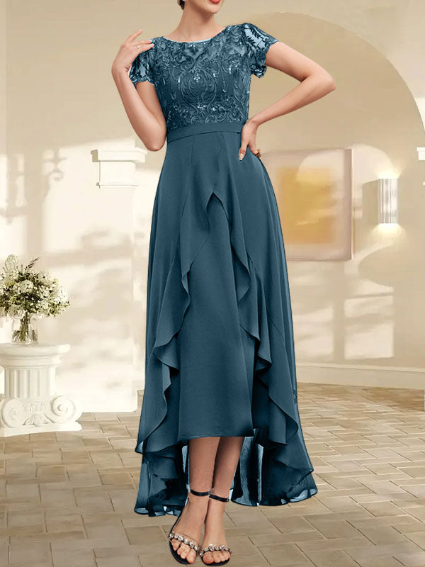Vestido de novia asimétrico de gasa con encaje, corte en A, escote ilusión, detalle de lazo, volantes y lentejuelas para la madre de la novia 