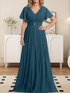 Vestido de gasa de corte A, escote en V, largo hasta el suelo, para la madre de la novia, con broche de cristal y pliegues. 
