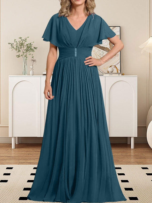 Vestido de gasa de corte A, escote en V, largo hasta el suelo, para la madre de la novia, con broche de cristal y pliegues. 