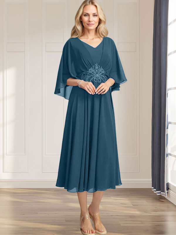 Vestido de corte A, escote en V, largo té, de gasa, para la madre de la novia, con apliques de lentejuelas plisadas, encaje y cuentas. 