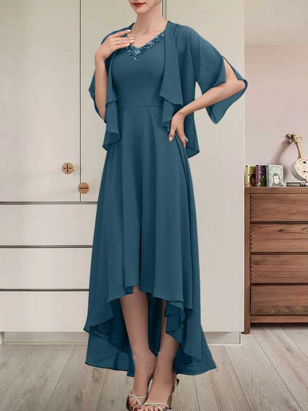 Vestido de corte A, escote en V, asimétrico, de gasa, para la madre de la novia, con lentejuelas y pedrería.