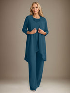 Tailleur-pantalon en mousseline à manches longues et col rond pour la mère de la mariée, avec veste 